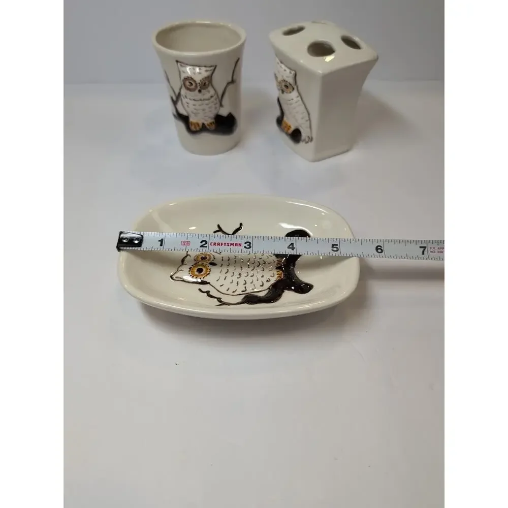 Vintage Ceramic 3D Owl Bathroom Set 1970's Hand painted